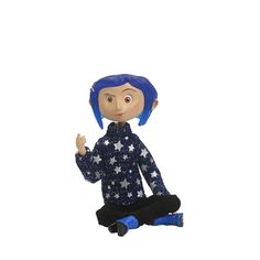 a doll with blue hair sitting on the ground and holding her hand up in front of her face