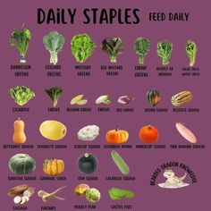 a poster with different types of fruits and vegetables on it's purple back ground