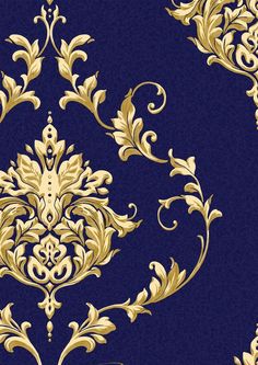 a blue and gold wallpaper with an ornate design