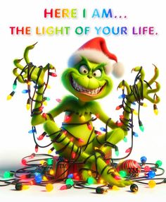 the grinch is wearing a santa hat and holding christmas lights in his hands, with an inscription below it that reads here i am the light of your life