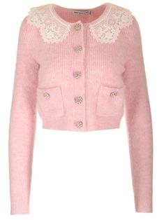 Pink soft ribbed knit cardigan from Self-Portrait, featuring a white lace collar, diamond buttons, a popper fastening to the front and side pockets. Mentally Stable, White Lace Collar, Gossip Girl Outfits, Fall Wardrobe Essentials, Cardigan For Women, Rib Knit Cardigan, Girls Fall Outfits, Spring Bunny, Pink Cardigan