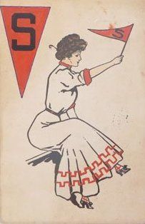 an old playing card with a woman holding a red flag and number 2 on it