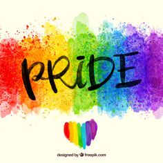 the word pride written in black ink on a white background with rainbow paint splatters