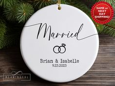 personalized ceramic ornament with two wedding rings