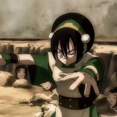 an animated image of a man in green and white outfit pointing at something while others look on