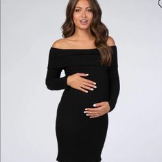 Perfect For Maternity And After! This Black Ribbed Dress Has A Little Something Extra With The White Trim. Elegant Spring Maternity Dress With Stretch, Off-shoulder Black Midi Dress For Brunch, Black Off-shoulder Midi Dress For Brunch, Elegant Black Long Sleeve Maternity Dress, Elegant Fall Party Maternity Dress, Black Long Sleeve Maternity Dress For Spring, Fitted Black Maternity Dress For Spring, Black Fitted Long Sleeve Maternity Dress, Elegant Maternity Mini Dress For Spring