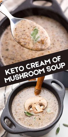 a spoon full of cream of mushroom soup in a cast iron skillet with the words keto cream of mushroom soup above it