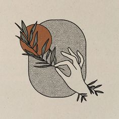 a drawing of a hand holding an orange flower on top of a leafy plant