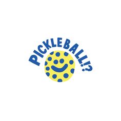 the pickle balls logo is yellow and blue with smiley faces on it's side