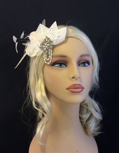 "Vintage Style Bridal Hair Fascinator, Bridal Fascinator with Veil, Wedding Bridal Fascinator with veil~ Visit the shop here https://www.etsy.com/shop/IceGreenEyes The perfect little bridal fascinator, not too big not too small. Timeless elegance with Venise Lace, Swarovski Crystals and Pearls. Truly and heirloom piece to pass down. ~ Ivory Nagoire Goose Feathers ~ ~ Ivory Venise Lace ~ ~ Ivory Vintage Velvet Leaves ~ ~ Swarovski Crystals and Swarovski Pearl Dangles ~ ~ Large Crystal Rhinestone Fitted Flapper Wedding Headpiece, Flapper Style Fitted Wedding Headpiece, Wedding Flapper Fitted Headpiece, Fitted Feather Hair Accessories For Wedding, Vintage Fitted Wedding Headpiece, Vintage Fitted Headpieces For Wedding, Fitted Feathered Headband For Weddings, Vintage White Formal Headpieces, White Vintage Headpieces For Formal Occasions