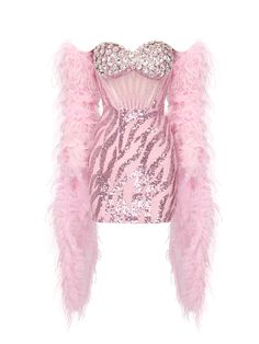 KAITY Sequins Mini Dress w Feathers Scarf Pink Dress For Winter Costume Party, Pink Winter Dress For Costume Party, Pink Winter Costume Party Dress, Feather Shawl, Feather Scarf, Catty Noir, Strapless Corset, Corset Mini Dress, Bustier Dress