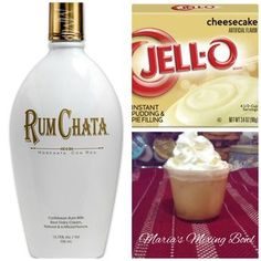 a bottle of rumchata next to a box of ice cream and a package of jello