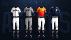 three different baseball uniforms are shown on a dark background