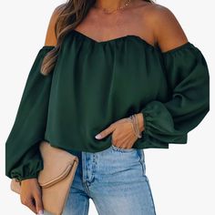 New Green Off The Shoulder Shirt From Amazon. Very Soft Casual Solid Color Tops For Brunch, Green Off-shoulder Casual Top, Chic Green Off-shoulder Top, Green Off-shoulder Tops For Fall, Chic Tops For Fall Vacation, Casual Solid Color Off-shoulder Top, Chic Vacation Tops For Fall, Green Non-stretch Trendy Blouse, Green Tops For Day Out