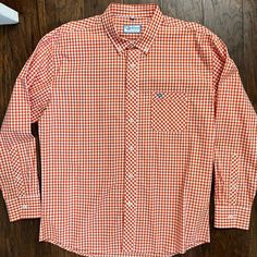 Mojo Sportswear Company Orang & White Long Sleeve Button Up New Without Tags Never Worn Or Washed Casual Shirt With Button Closure, Casual Flannel Shirt With Button Closure, Casual Orange Top With Pockets, Casual Cotton Shirt With Snap Buttons, Casual Orange Collared Shirt, Casual Cotton Tops With Snap Buttons, Orange Cotton Tops With Pockets, Casual Orange Shirt For Spring, Casual Orange Spring Shirt