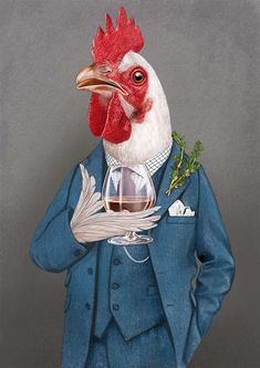 a chicken dressed in a suit and tie holding a wine glass with a bird on it's chest