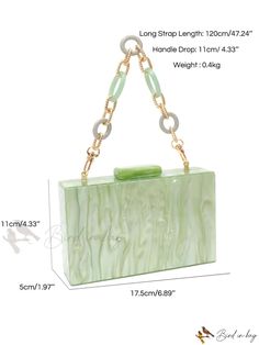 Bird in Bag - Acrylic Box Bag with Metal Accents Green Box Bag With Gold-tone Hardware For Everyday Use, Elegant Green Bags With Silver-tone Hardware, Green Box Bag With Detachable Handle For On-the-go, Green Box Bag With Gold-tone Hardware For Evening, Luxury Green Bag With Silver-tone Hardware, Chain Top, Box Bag, Acrylic Box, Square Bag