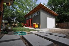 a garage with steps leading up to it