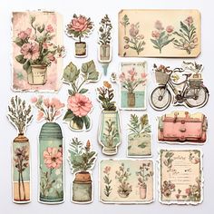 an assortment of stickers with flowers in vases and other things around them on a white surface