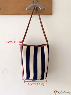 BirdinBag - Canvas Striped Bucket Bag: Contrast Tote Handbag Bucket Bag Pattern, Bucket Handbags, Word Wrap, Tote Handbag, Bag Pattern, Tote Handbags, Polyester Material, Bags Shoulder, Bucket Bag