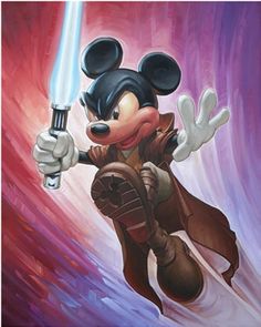 a painting of mickey mouse holding a light saber