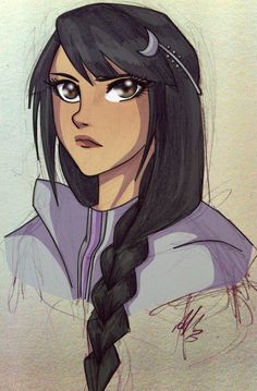 a drawing of a woman with long black hair wearing a hoodie and braids