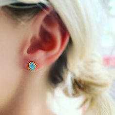 Cute Hamsa studs with lab created opal stones. nickel free. Opal, Stud Earrings, Stone