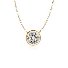 This bezel-set pendant necklace, crafted in 14k yellow gold, is a perfect mix of extravagance and simplicity. The solitaire diamond pendant is attached to the chain by the loops. Cut in a classic round shape, the diamond shines with unmatched brilliance. Choose from different stone qualities (K, I3, I-J, I1-I2, H, SI2, GH VS) and multiple total carat weight options. Classic Solitaire Necklace With Bezel Setting, Classic Round Cut Diamond Necklace With Bezel Setting, Classic 14k Gold Solitaire Necklace With Round Pendant, Minimalist Yellow Gold Solitaire Necklace With Smooth Bezel, Fine Jewelry Solitaire Necklace With Bezel Setting, Fine Jewelry White Gold Solitaire Necklace With Smooth Bezel, Classic Bezel Set Round Diamond Necklace, Classic Solitaire Pendant Necklace With Bezel Setting, Classic Pendant Diamond Necklace With Bezel Setting