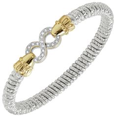 Go to infinity and beyond in this bracelet from Alwand Vahan. This bracelet has the staple yellow gold and sterling silver design that we know and love from Vahan, but it also features a cool infinity design that has .18ctw of diamonds! Silver Diamond Bracelet, Diamond Jewelry Earrings, Gold Jewelry Gift, Sparkle Bracelet, Infinity Design, Stylish Bracelet, Silver Design, Popular Jewelry, Radiant Diamond