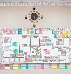 a large bulletin board with lots of different things on it and a clock mounted to the wall