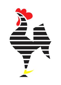 a black and white rooster with stripes on it's head, in the shape of a