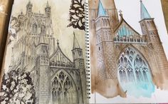 an open sketchbook with drawings of cathedrals