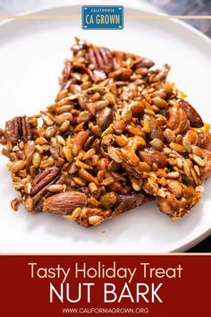 nut bark on a white plate with text overlay that reads tasty holiday treat nut bark