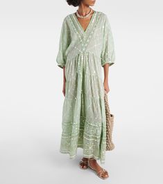 Embellished cotton kaftan in green - Juliet Dunn | Mytheresa Summer V-neck Dress With Mirror Work, Festive Green Sequined Kaftan, Cotton Maxi Dress With Resham Embroidery, Elegant Summer Cotton Kaftan, Elegant Cotton Kaftan For Spring, Festival Cotton Dress With Resham Embroidery, Green Cotton Dress With Mirror Work, Green Cotton Chikankari Embroidered Dress, Green Cotton Dress With Chikankari Embroidery