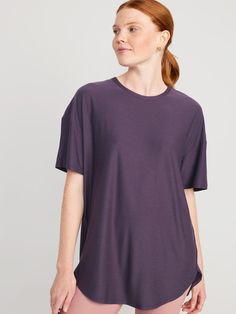 Cloud 94 Soft Tulip-Hem Tunic for Women | Old Navy Go-dry Short Sleeve Tops For Loungewear, Short Sleeve Crew Neck Top For Loungewear, Casual Purple Go-dry Top, Short Sleeve Go-dry T-shirt, Purple Short Sleeve Athleisure T-shirt, White Lilies, Jack Black, Petite Size, Wicks