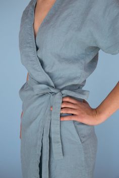 "MsWrinkle's clothing - from human to human. 100% handmade. *Description* - Kimono sleeve wrap dress with belt and pockets; - High quality European linen; - Washed and softened (doesn't shrink anymore); - Medium weight linen (150 g/m2); - Our linen is OEKO-TEX certified that meets human ecological safety requirements; - Model is wearing size S in turquoise and dusty red color (other sizes and colors please choose on the right); - Not transparent; - Not ironed and we suggest to use tumble dryer t Fitted Summer Wrap Dress With Kimono Sleeves, Fitted Wrap Dress With Kimono Sleeves For Summer, Casual Linen Wrap Dress For Summer, Casual Summer Wrap Dress, Fitted Dresses With Kimono Sleeves For Summer, Spring Cotton Dress With Kimono Sleeves, Fitted Dresses With Kimono Sleeves For Daywear, Fitted Dress With Tie Waist And Kimono Sleeves, Wrap Dresses With Tie Waist For Daywear