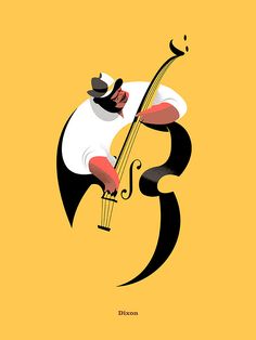 an illustration of a man playing the violin on a yellow background with black and white lines