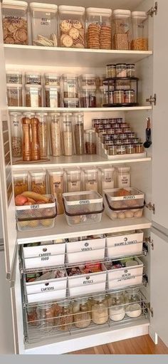 an organized pantry with lots of food in it