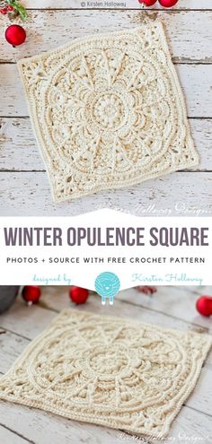 two crocheted placemats with text overlay that says winter applique square