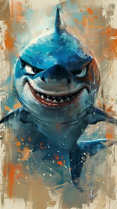 a painting of a shark with big teeth and an angry look on it's face