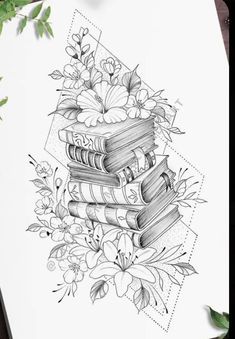 a black and white drawing of books with flowers