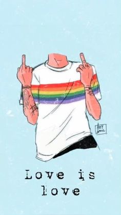 a drawing of a man with two fingers up and the words love is love written below him