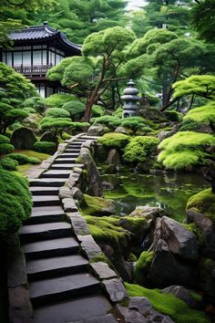 A gallery of high detailed UHD images showcasing a variety of Japanese gardens. From layered organic forms to meticulously arranged stones, the collection highlights the pictorial harmony and rich colors of dark emerald and green. An ultimate source of inspiration for design enthusiasts. Japanese Stone Garden, Green Backyard, Beautiful Outdoor Living Spaces, Japan Garden