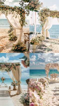 A picturesque beach wedding setup featuring elegant decor, beach-friendly flowers, and a stunning seaside ceremony setting. Wedding Colors Beach Destination, Beach Wedding Boho, Beach Wedding Set Up Ideas, Key West Wedding Ideas, Beach Side Wedding, Beach Wedding Theme, Beach Weddings, Small Beach Wedding Ideas