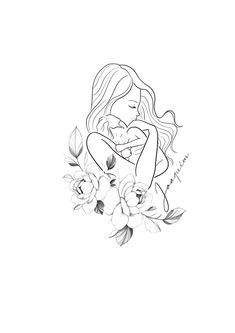 a black and white drawing of a woman holding a baby in her arms with flowers