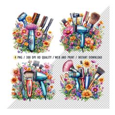 three images of different types of hair brushes and flowers, with the text png