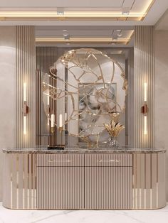 an elegant console with gold accents and marble countertop in front of a large mirror