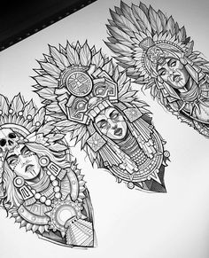 two sunflowers with faces on them are drawn in black and white ink by hand