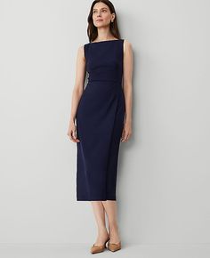 Elevate your wardrobe with the timeless elegance of Ann Taylor's Boatneck Wrap Sheath Dress. This piece combines sophistication with comfort, making it an ideal choice for both office wear and social gatherings. 

- Size: Regular - 2
- Color: Navy
- Material: 73% Polyester, 24% Rayon, 3% Spandex
- Gender: Female
- Design: Sleeveless, boatneck
- Features: Hidden back zipper with hook-and-eye closure, lined
- Length: Hits below the knee, 29" from natural waist
- Care Instructions: Machine washable Navy Suit Dress Women, Timeless Cocktail Dresses, Womens Business Dress, Business Formal Women Dress, Dresses For Work Offices, Work Dinner Dress, Stylish Work Attire Business Casual, Professional Dress Women, Structured Clothing