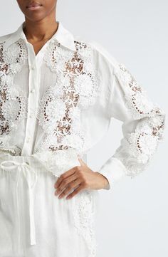 Zimmermann Halliday Floral Lace Semisheer Ramie Button-Up Shirt | Nordstrom Embellished Clothes, Shirts For Women Stylish, Lace Up Blouse, White Lace Shirt, Shirt With Lace, Embellished Shirt, Summer Wardrobe Essentials, Guipure Lace, Lace Shirt